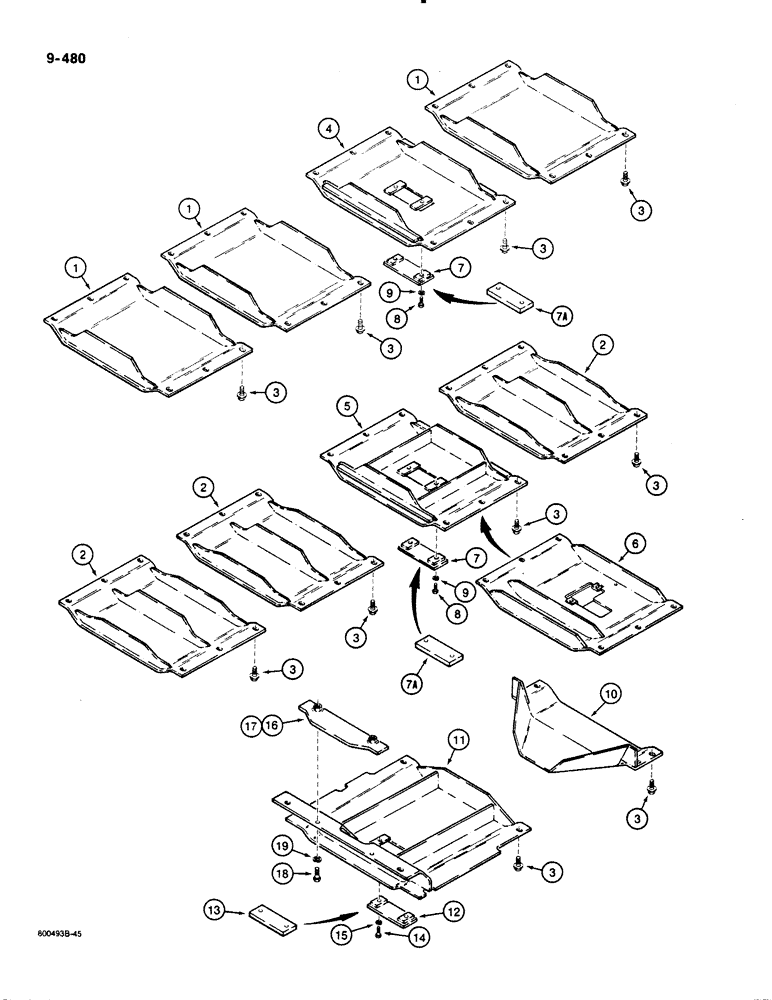 Схема запчастей Case 1455B - (9-480) - UNDERCARRIAGE GUARDS, LOADER MODELS (09) - CHASSIS/ATTACHMENTS