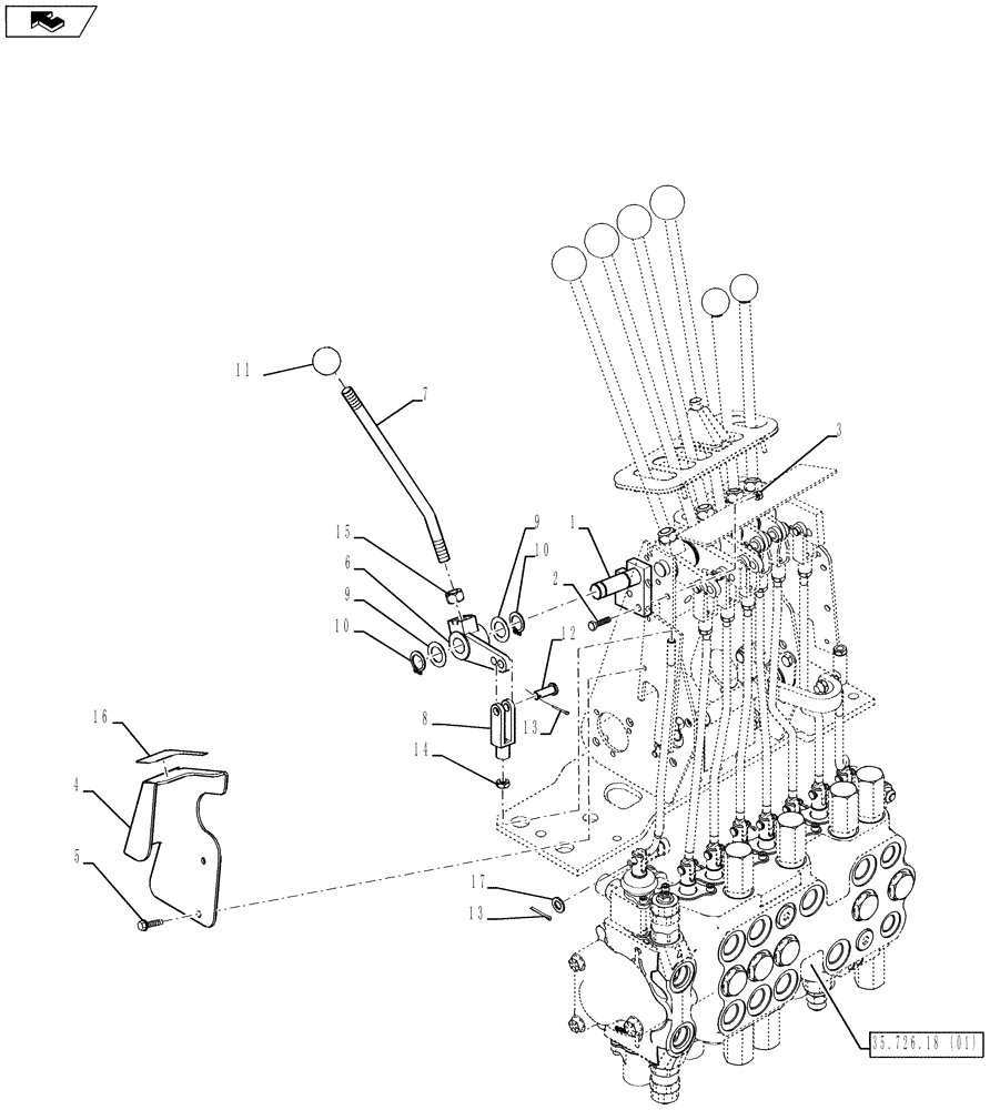 Схема запчастей Case 580SN WT - (35.726.22[01]) - VALVE INSTALL - BACKHOE CONTROL, BI-AUXILIARY (MECHANICAL CONTROLS) (35) - HYDRAULIC SYSTEMS