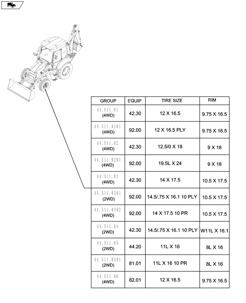 Схема запчастей Case 590SN - (00.000.44[02]) - PICTORIAL INDEX - AXLE AND WHEELS - FRONT (00) - GENERAL & PICTORIAL INDEX