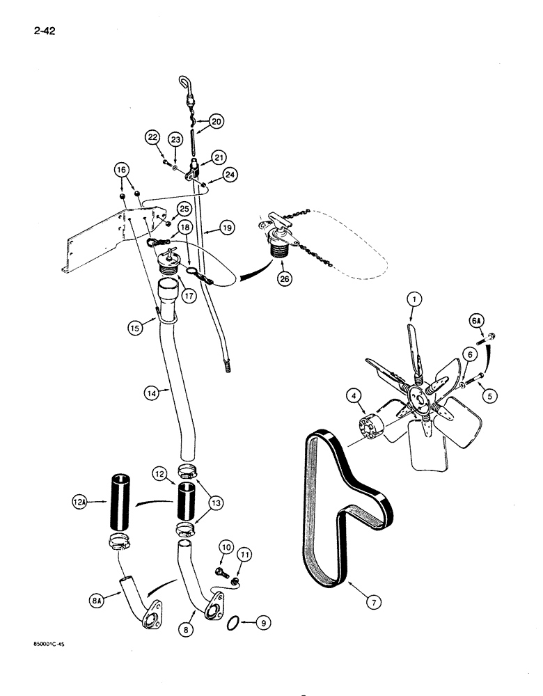 Схема запчастей Case 855D - (2-42) - RADIATOR FAN AND BELT, ENGINE FILLER TUBE AND DIPSTICK (02) - ENGINE