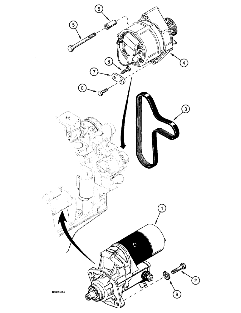 Схема запчастей Case 580L - (4-08) - STARTER AND ALTERNATOR MOUNTING (04) - ELECTRICAL SYSTEMS