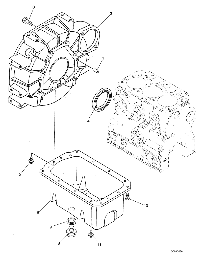 Схема запчастей Case CX25 - (02-18[00]) - FLYWHEEL HOUSING AND OIL PAN (02) - ENGINE