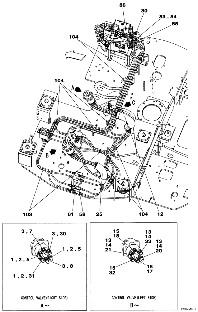 Схема запчастей Case CX75SR - (08-54[01]) - PILOT CONTROL LINES, ATTACHMENT - OPTIONAL (2-WAY) - WITH DOZER BLADE (08) - HYDRAULICS