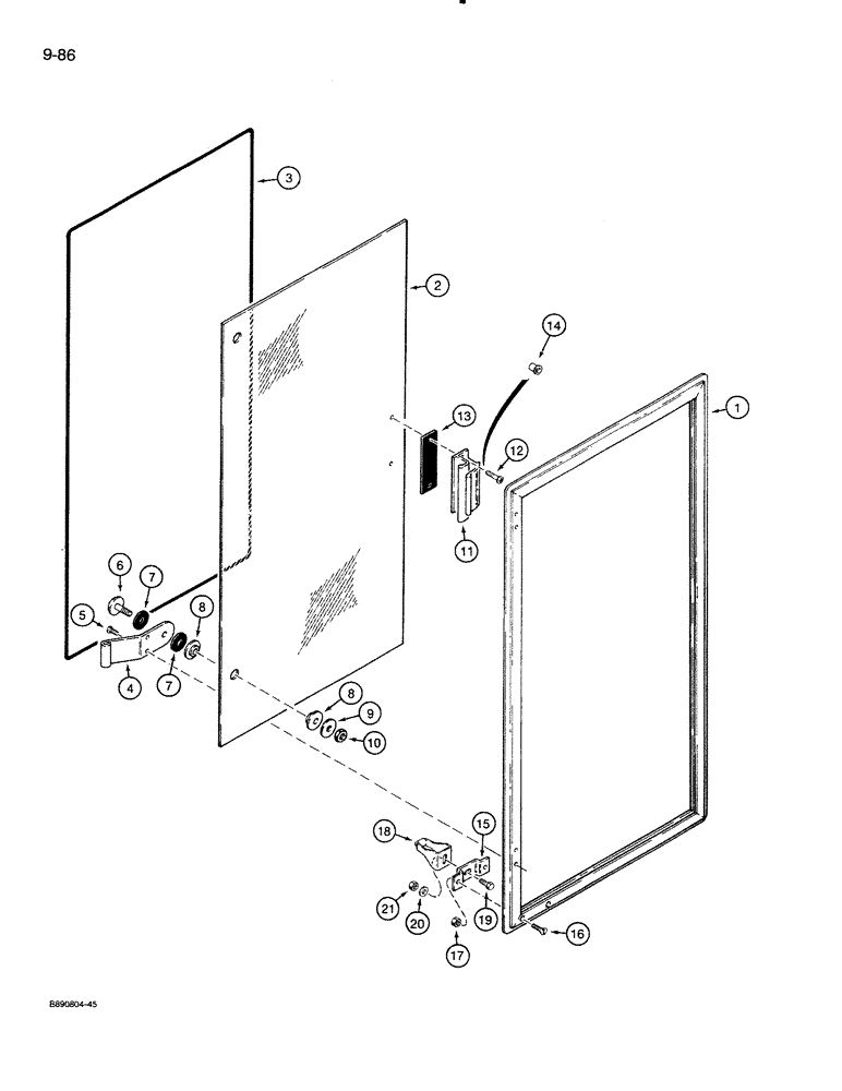 Схема запчастей Case 821 - (9-086) - CAB DOOR WINDOW, CABS WITH ALUMINUM LATCHES FOR WINDOW (09) - CHASSIS/ATTACHMENTS