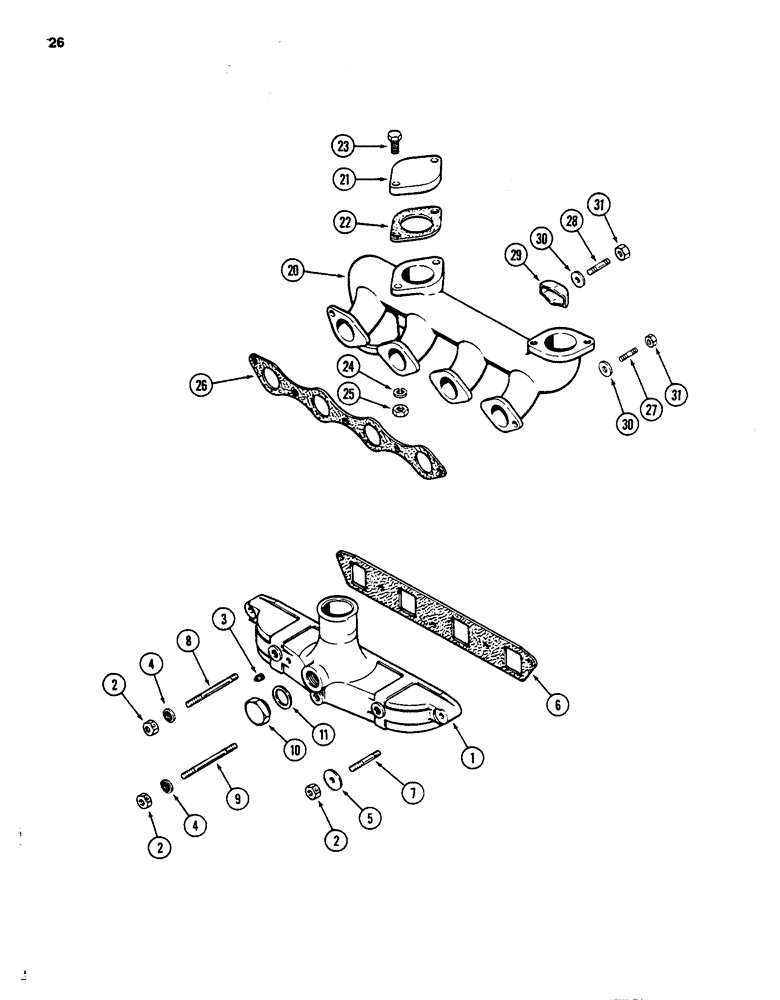 Схема запчастей Case 480D - (026) - MANIFOLDS, 188 DIESEL ENGINE, INTAKE MANIFOLD/EXHAUST MANIFOLD (10) - ENGINE