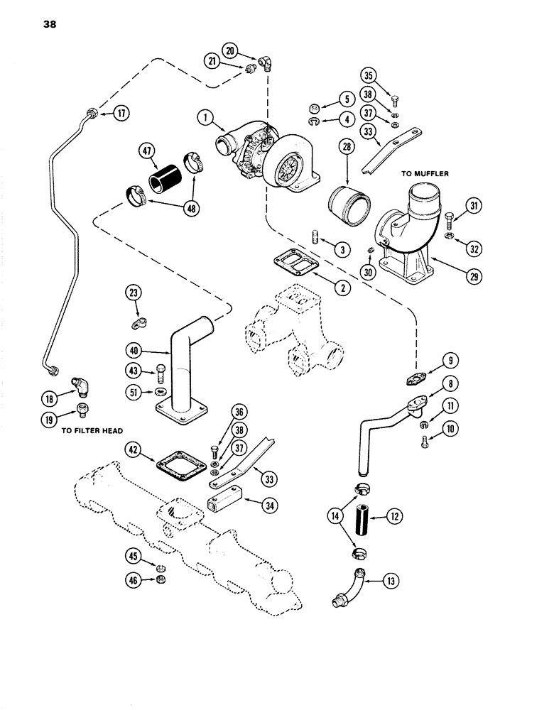 Схема запчастей Case 1280 - (038) - TURBOCHARGER SYSTEM, 504BDT DIESEL ENGINE (01) - ENGINE