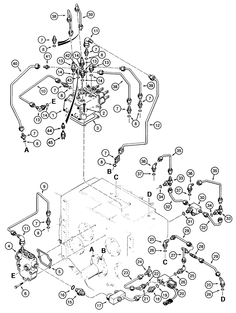 Схема запчастей Case 855E - (6-20) - TRANSMISSION HYDRAULIC LINES, (WITHOUT MODULATOR IN TRANSMISSION CONTROL VALVE 1542619C1 (06) - POWER TRAIN