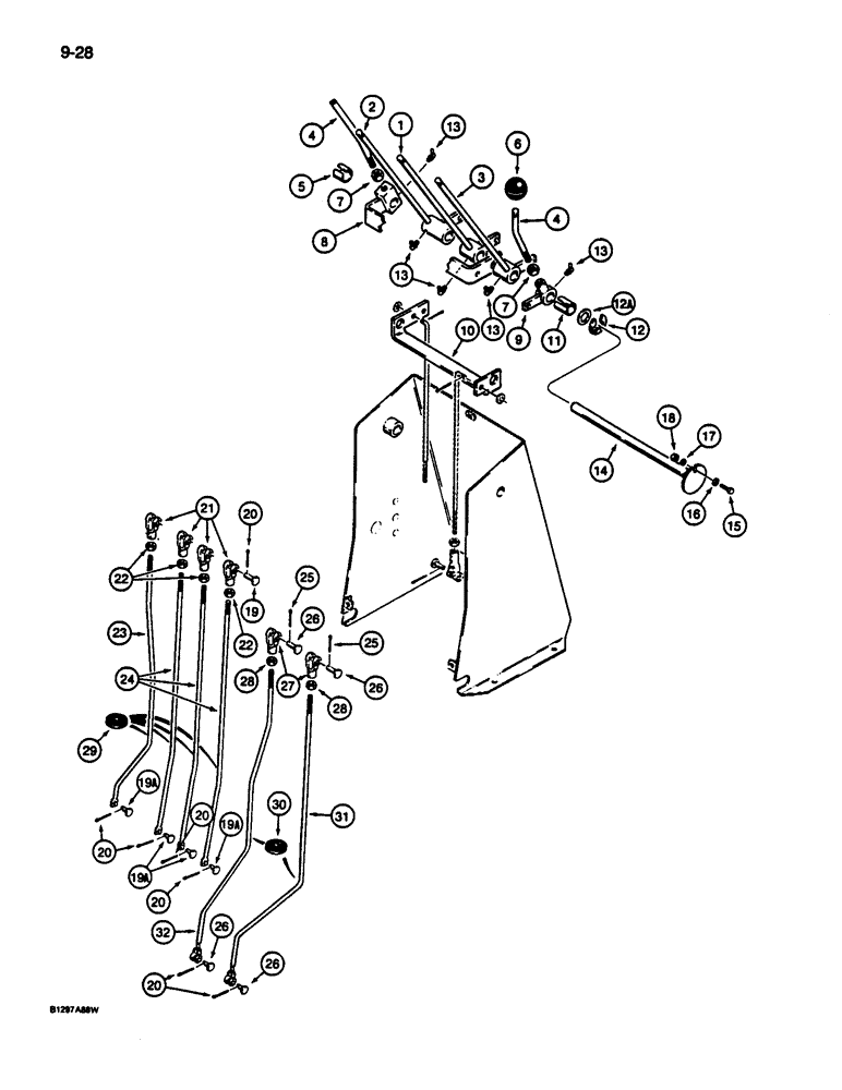 Схема запчастей Case 680L - (9-028) - BACKHOE CONTROLS WITH FOOT SWING, STABILIZER, BOOM, DIPPER & BUCKET CONTROL LEVERS & LINKAGE (09) - CHASSIS/ATTACHMENTS