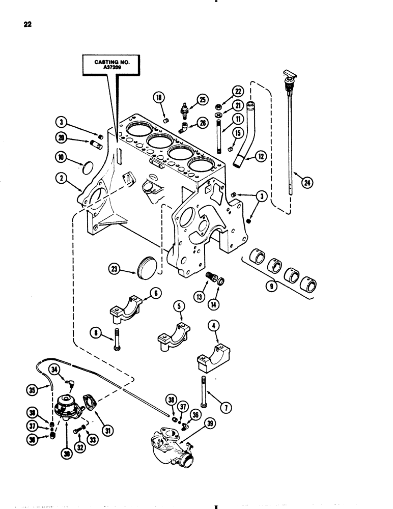 Схема запчастей Case 1845B - (022) - CYLINDER BLOCK & FUEL PUMP, 159 SPARK IGNITION ENGINE (02) - ENGINE