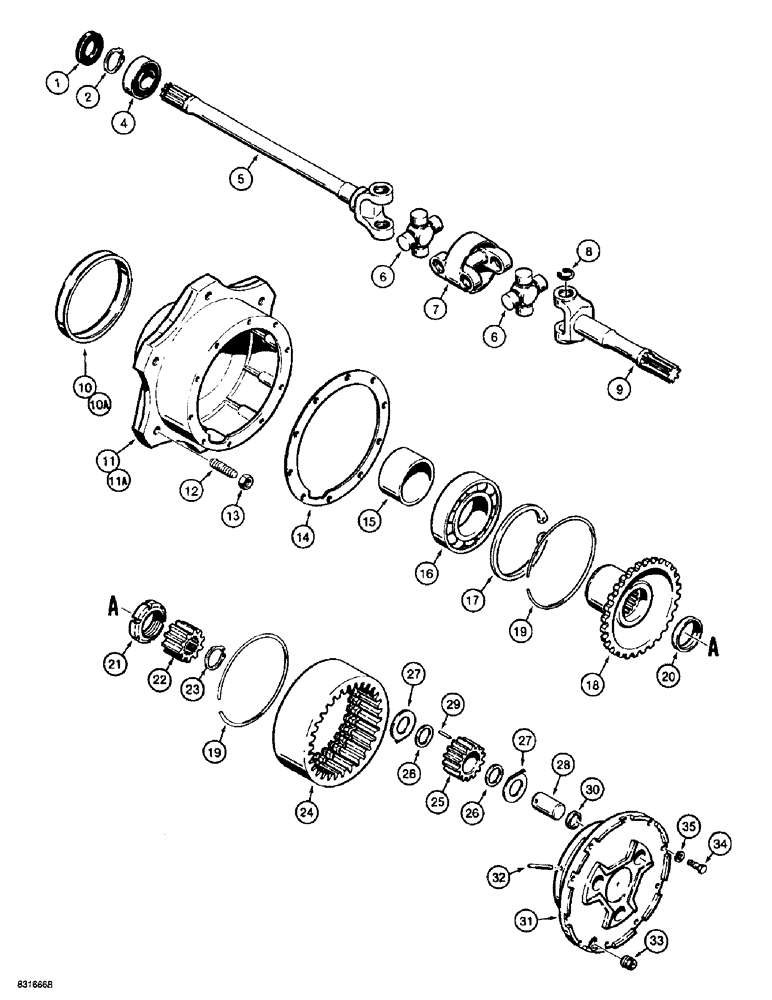 Схема запчастей Case 585E - (6-44) - REAR DRIVE AXLE, AXLE SHAFT AND PLANETARY, FOUR WHEEL DRIVE MODELS (06) - POWER TRAIN