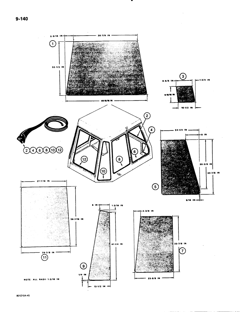 Схема запчастей Case 480E - (9-140) - CAB GLASS AND MOLDING, U.S. DIMENSIONS, 480E MODELS ONLY (09) - CHASSIS/ATTACHMENTS