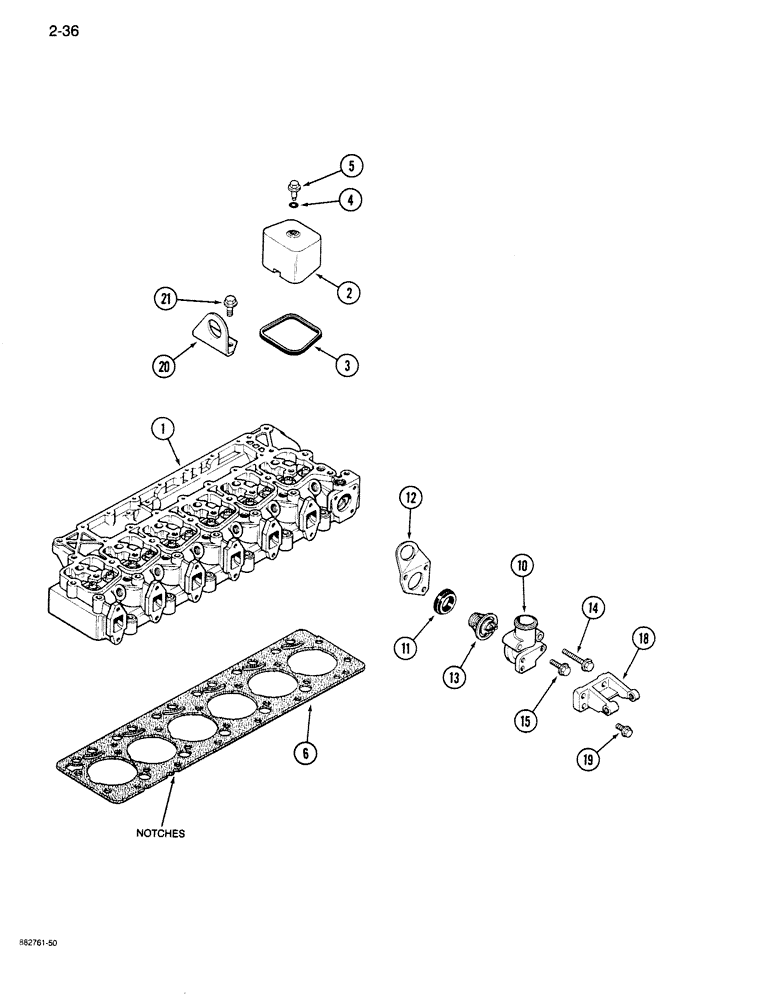 Схема запчастей Case 680K - (2-36) - CYLINDER HEAD COVERS AND GASKET, 6-590 ENGINE, THERMOSTAT AND HOUSING (02) - ENGINE