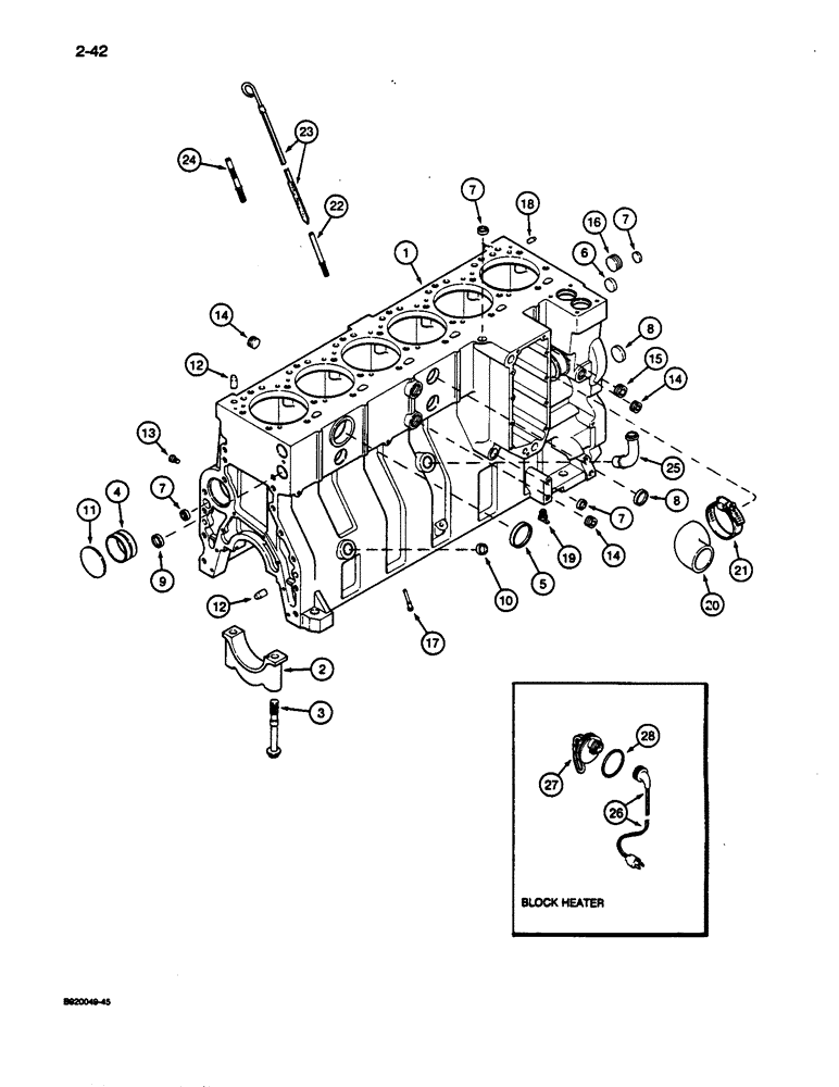 Схема запчастей Case 1187C - (2-42) - CYLINDER BLOCK, 6T-830 ENGINE, SIX PISTON COOLING NOZZLES PRIOR TO ENGINE S/N 44487830 (02) - ENGINE