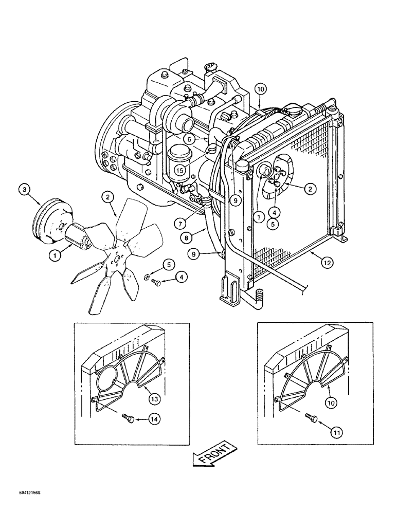 Схема запчастей Case 9010B - (2-004) - RADIATOR, HOSES AND ENGINE FAN, PRIOR TO P.I.N. DAC01#2001 (02) - ENGINE