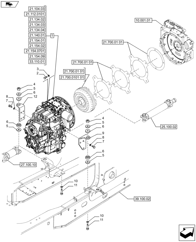 Схема запчастей Case 590SN - (21.112.0401) - VAR - 423059 - STANDARD TRANSMISSION - MOUNTING - 4WD (21) - TRANSMISSION