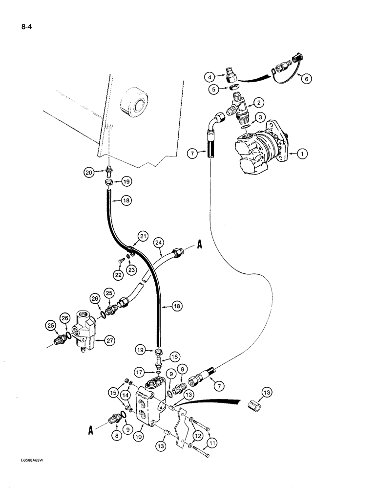 Схема запчастей Case 780D - (8-004) - EQUIPMENT HYDRAULIC SYSTEM, BACKHOE SUPPLY FROM STEERING PUMP TO FLOW CONTROL & BACKHOE RELIEF VALVE (08) - HYDRAULICS