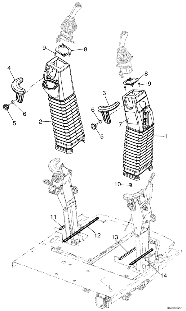 Схема запчастей Case 580SM - (09-14) - BACKHOE CONTROL TOWER BOOTS AND SEALS, WITH PILOT CONTROLS (09) - CHASSIS/ATTACHMENTS