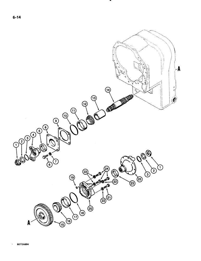 Схема запчастей Case 621 - (6-014) - TRANSMISSION ASSEMBLY, OUTPUT SHAFT, FRONT AND REAR, PRIOR TO P.I.N. JAK0020901 (06) - POWER TRAIN