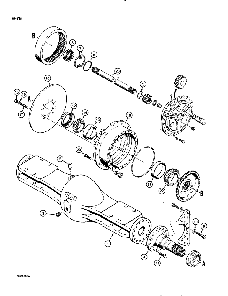 Схема запчастей Case 621 - (6-076) - FRONT AXLE HOUSING AND PLANETARY, PRIOR TO P.I.N. JAK0020901 (06) - POWER TRAIN