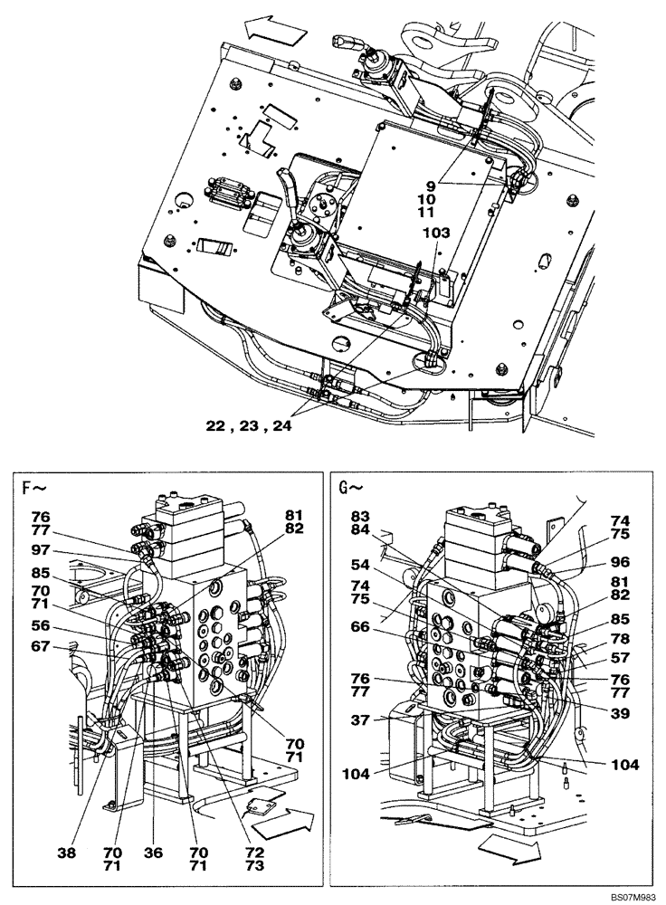 Схема запчастей Case CX75SR - (08-54[03]) - PILOT CONTROL LINES, CONTROL VALVE - OPTIONAL (2-WAY) - WITH DOZER BLADE (08) - HYDRAULICS