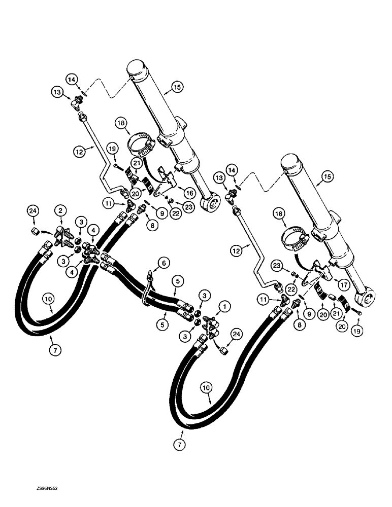 Схема запчастей Case 1155E - (8-028) - DOZER LIFT HYDRAULIC CIRCUIT, HOSES AND CYLINDERS, LONG TRACK ANGLE TILT DOZER MODELS (08) - HYDRAULICS