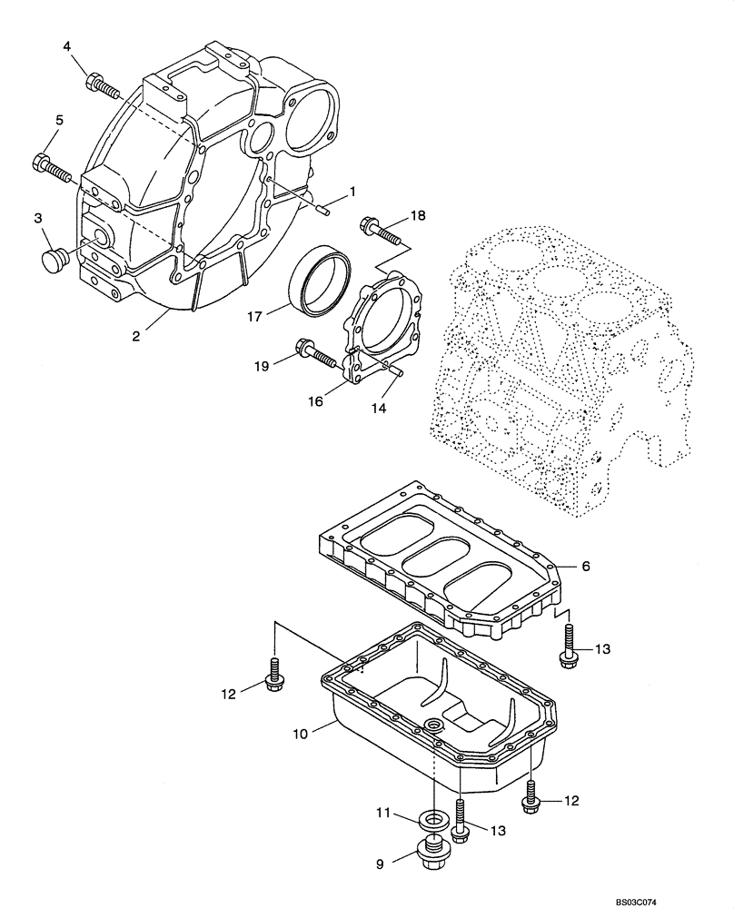 Схема запчастей Case CX36 - (02-19[00]) - FLYWHEEL HOUSING AND OIL PAN (02) - ENGINE