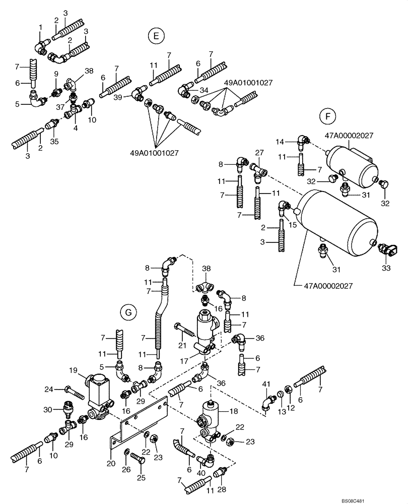 Схема запчастей Case 335B - (49A02011027[001]) - AIR TANKS, FRONT FRAME ( E F G ) PNEUMATICS (SIMPLE MUX P.I.N. HHD0335BN8PG58100 AND AFTER) (87750919) (09) - Implement / Hydraulics / Frame / Brakes