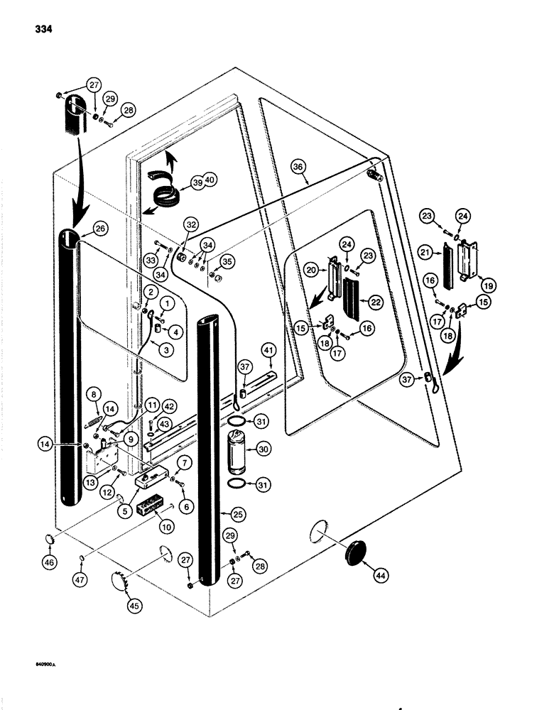 Схема запчастей Case 1080 - (334) - CAB WINDSHIELD CABLES, DOOR RETAINER, AND MISCELLANEOUS, BEFORE CAB. S/N 334940 (90) - PLATFORM, CAB, BODYWORK AND DECALS