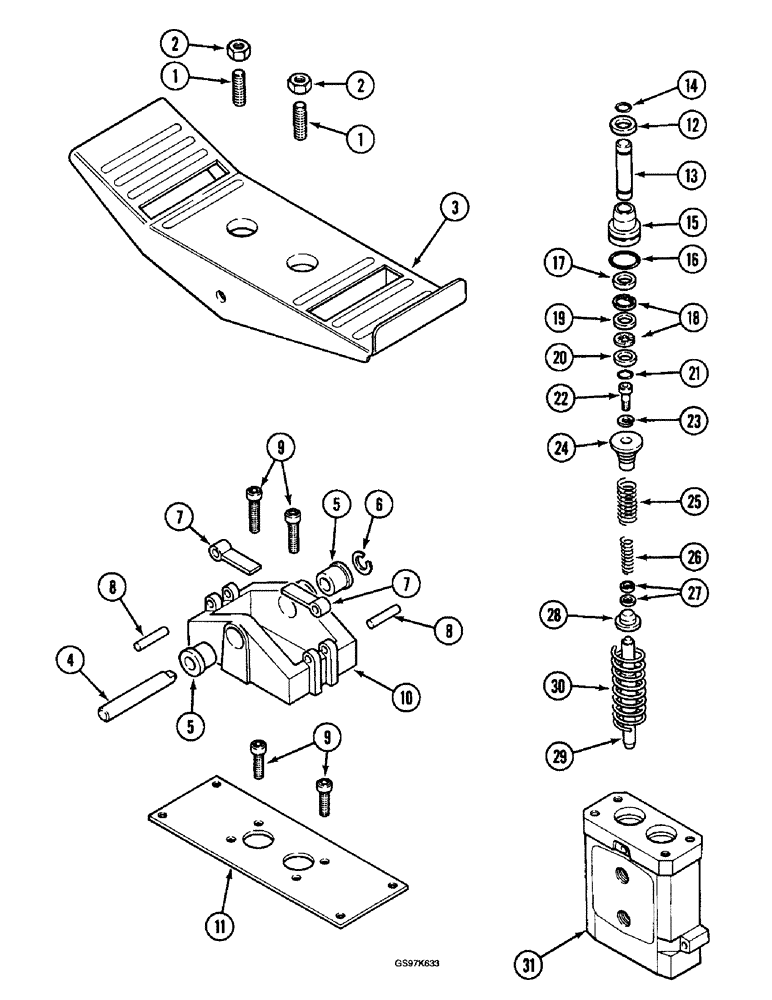 Схема запчастей Case 220B - (8-146) - FOOT CONTROL VALVE, MONSUN-TISON MANUFACTURED, IF USED, P.I.N. 74510 THRU 74597, P.I.N. 03201 & AFT (08) - HYDRAULICS