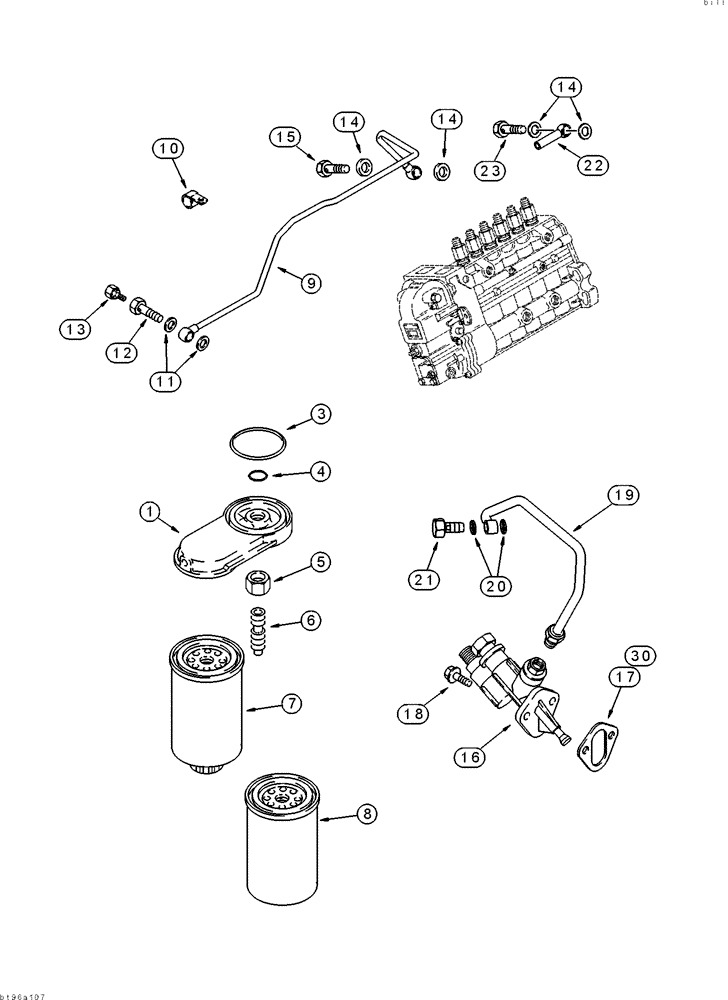 Схема запчастей Case 9040 - (3-10) - FUEL FILTER AND TRANSFER PUMP, 6T-830 ENGINE (03) - FUEL SYSTEM