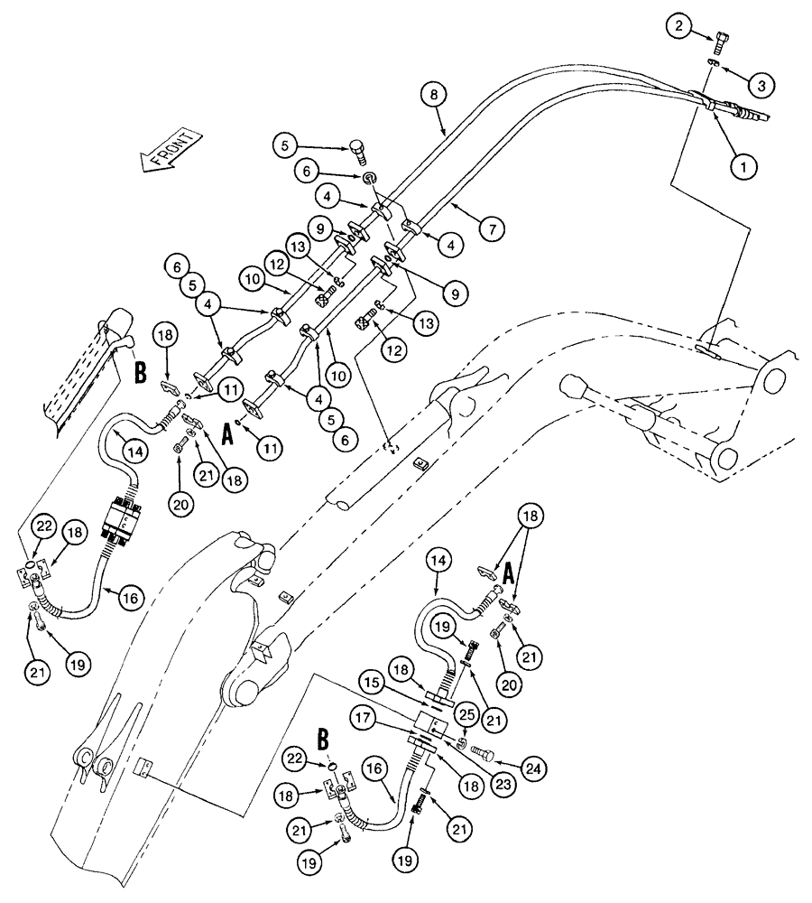 Схема запчастей Case 9050B - (8-076) - BUCKET CYLDR LINES,PRIOR TO PIN EAC0501270,4.03M(133") ARM, BUCKET-OPEN & CLOSE LINES (08) - HYDRAULICS