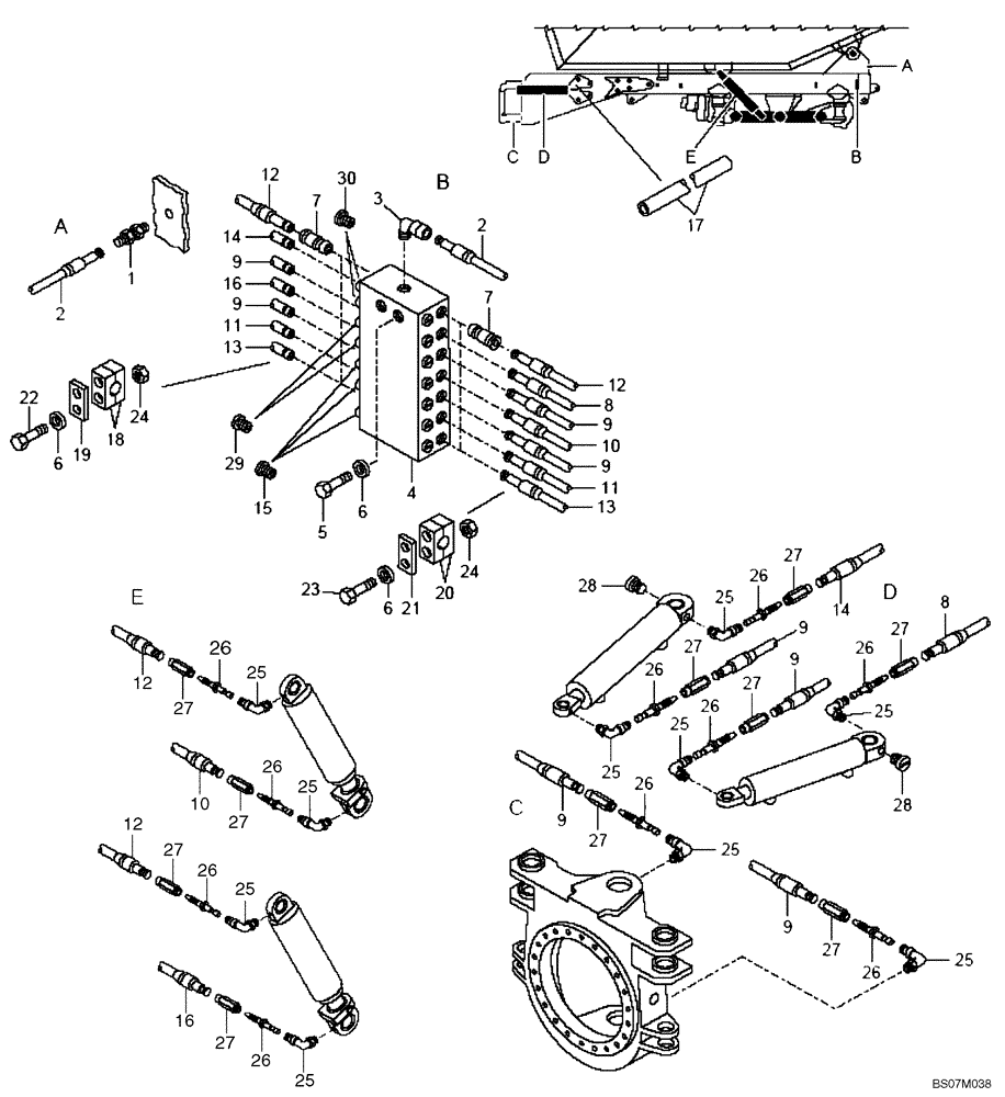 Схема запчастей Case 335 - (94A00000524[001]) - GREASING SYSTEM - REAR FRAME (POINTS A,B,C,D,E) (87612219) (19) - OPTIONS