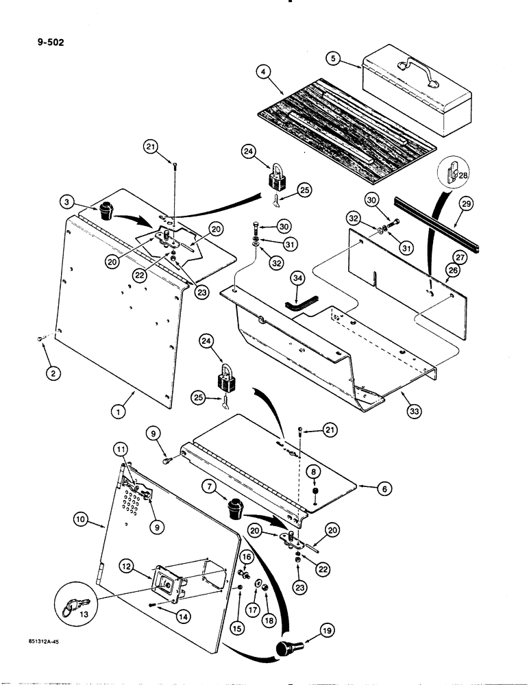 Схема запчастей Case 1450B - (9-502) - BTTRY COMPARTMENT COVERS, SEAT SUPPORT, & HEEL PLATE MODEL W/TOP OR REAR FILL TANKS, ALL MODELS (09) - CHASSIS/ATTACHMENTS