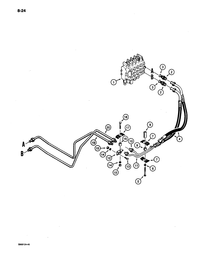 Схема запчастей Case 650 - (8-24) - RIPPER HYDRAULIC CIRCUIT, CONTROL VALVE TO REAR OF TRACTOR (08) - HYDRAULICS