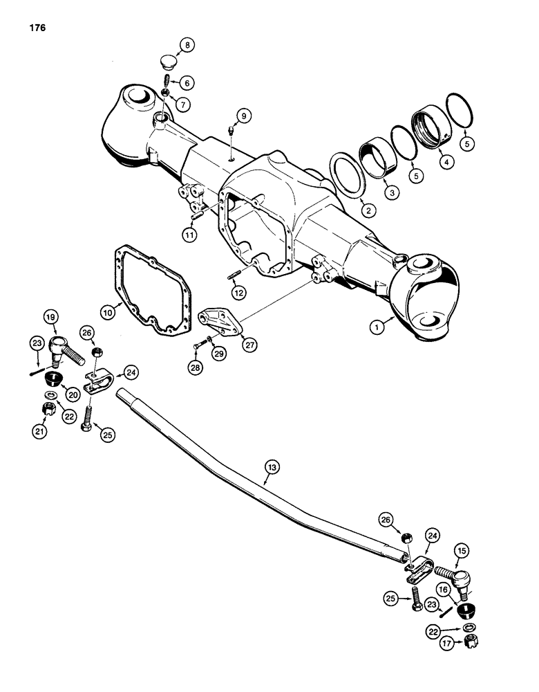 Схема запчастей Case 584D - (176) - REAR DRIVE AXLE, HOUSING AND TIE ROD, FOUR WHEEL DRIVE MODELS (27) - REAR AXLE SYSTEM