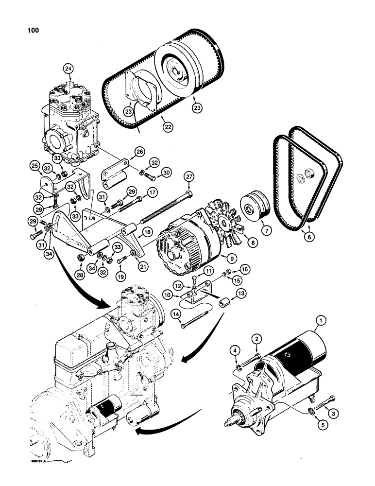 Схема запчастей Case 580SD - (100) - STARTER, ALTERNATOR AND COMPRESSOR MOUNTING, MODELS WITH AIR CONDITIONING (04) - ELECTRICAL SYSTEMS