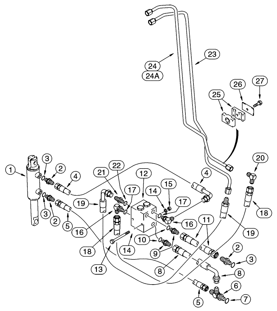 Схема запчастей Case 95XT - (08-12) - HYDRAULICS, COUPLER SYSTEM, HOSE MOUNTING BRACKET TO CYLINDER (N.A. -JAF0311356 / EUR. -JAF0274359) (08) - HYDRAULICS