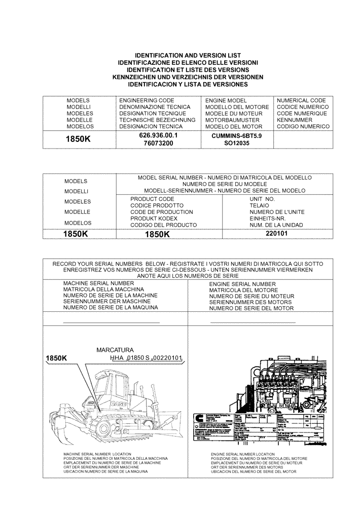 Схема запчастей Case 1850K LT - (0.0 - VERSION[0]) - IDENTIFICATION AND VERSION LIST (00) - GENERAL