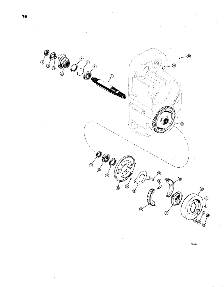 Схема запчастей Case W24B - (076) - TRANS,AXLE OUTPUT SHAFT & PARKING BRAKE,UNITS W/RING GEAR DRIVE/BEFORE TRAC SN.9115926 (06) - POWER TRAIN