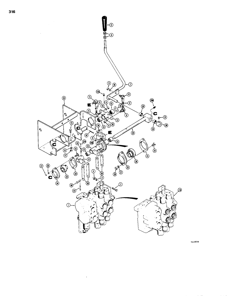 Схема запчастей Case 1150B - (316) - EQUIPMENT CONTROL VALVE AND LEVERS, ONE LEVER - 2 SPOOL VALVES ARE STAMPED W/ CASE PART NUMBER (07) - HYDRAULIC SYSTEM