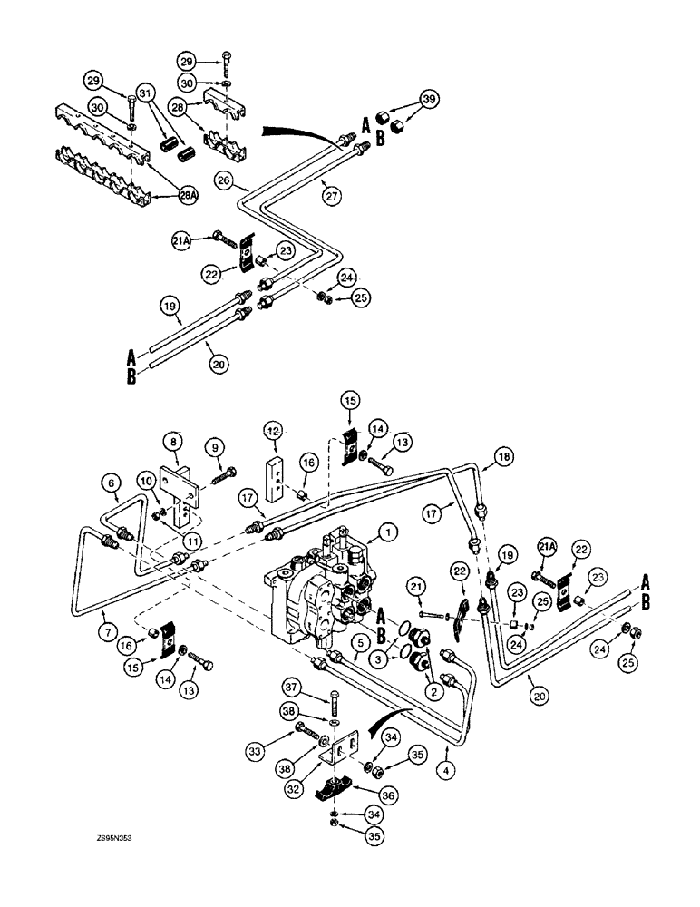 Схема запчастей Case 1150E - (8-030) - TILT HYDRAULIC CIRCUIT, LGP TILT AND LONG TRACK ANGLE TILT DOZER MODELS, CONTROL VALVE TO GRILLE (08) - HYDRAULICS