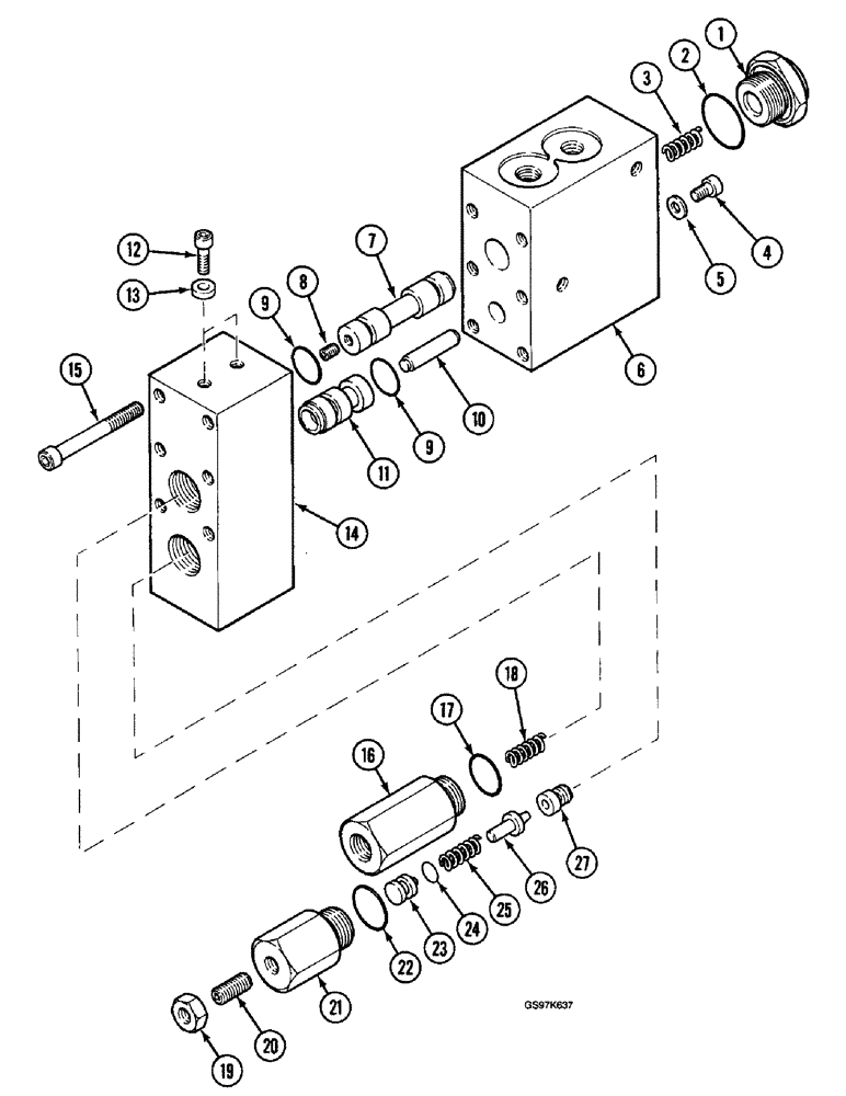 Схема запчастей Case 220B - (8-154) - PARALLEL SUPPLY CONTROL VALVE, FOR ARM CIRCUIT, P.I.N. 74441THRU 74597, P.I.N. 03201 AND AFTER (08) - HYDRAULICS