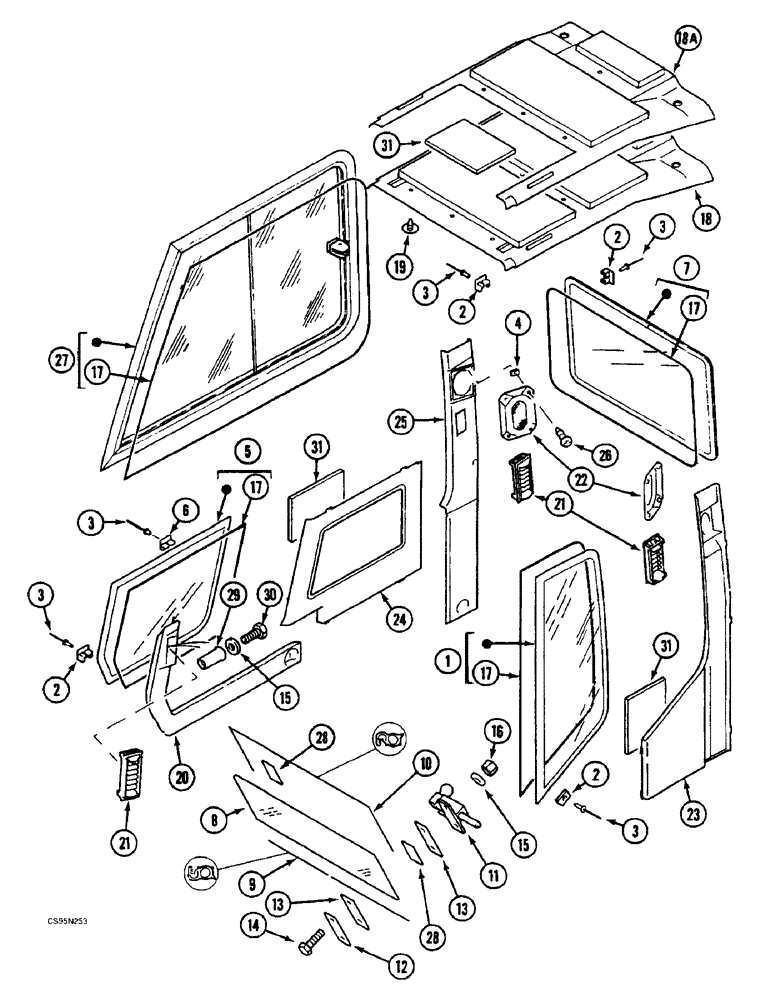 Схема запчастей Case 688BCK - (9E-44) - CAB TRIM AND GLASS, 688B CK(120535, 120548, 120566-) (05.1) - UPPERSTRUCTURE CHASSIS/ATTACHMENTS