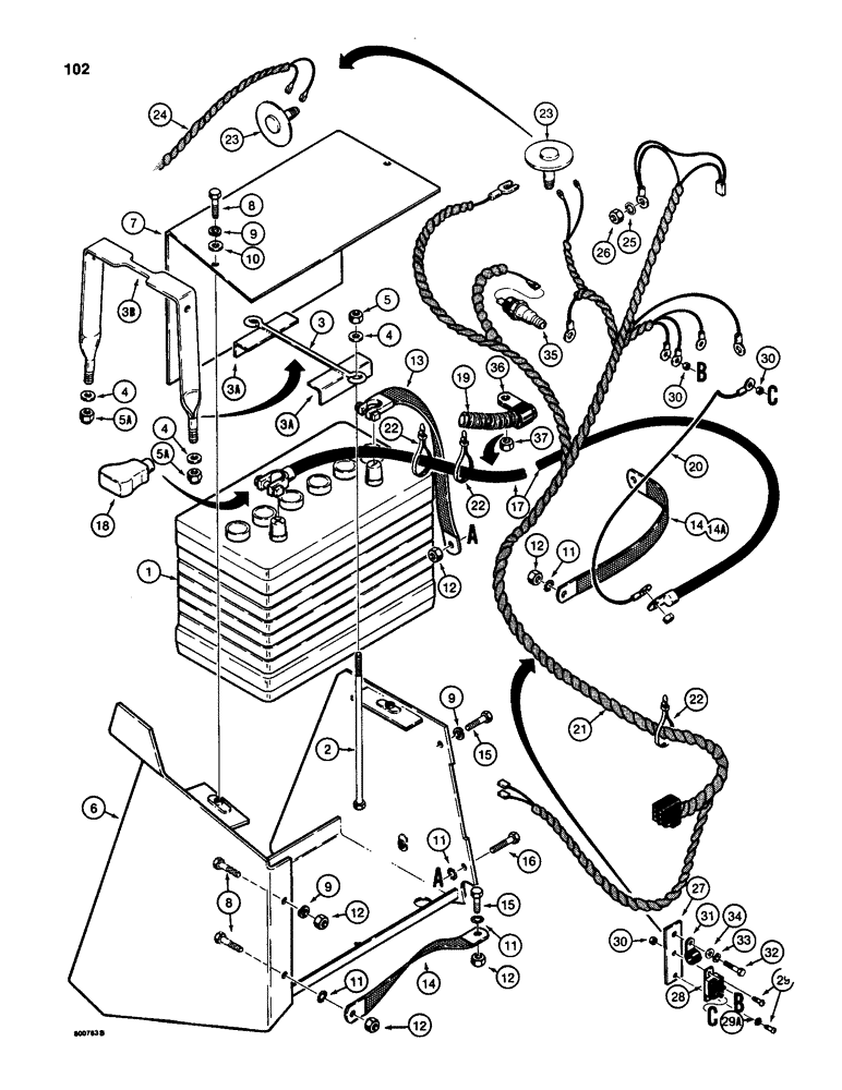 Схема запчастей Case 580D - (102) - BATTERY AND ENGINE ELECTRICAL CIRCUIT (04) - ELECTRICAL SYSTEMS