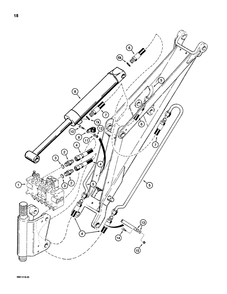 Схема запчастей Case D100 - (7-018) - BACKHOE BOOM CYLINDER HYDRAULIC CIRCUIT, USED ON 1835C, 1840 & 1845C UNI-LOADERS W/ DUKE VALVE 