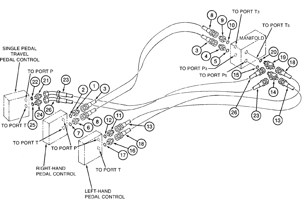 Схема запчастей Case 9050B - (8-042) - PEDAL CONTROL VALVE PRESSURE AND RETURN LINES (08) - HYDRAULICS