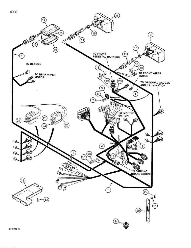 Схема запчастей Case 621 - (4-26) - CANOPY HARNESS, OPERATORS COMPARTMENT, LAMPS, PRIOR TO P.I.N. JAK0027512 (04) - ELECTRICAL SYSTEMS