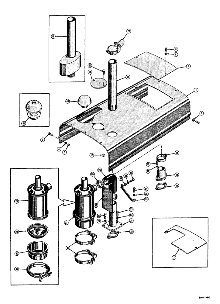 Схема запчастей Case 310E - (038) - HOOD, EXHAUST SYSTEM, AND AIR CLEANER - DIESEL (05) - UPPERSTRUCTURE CHASSIS