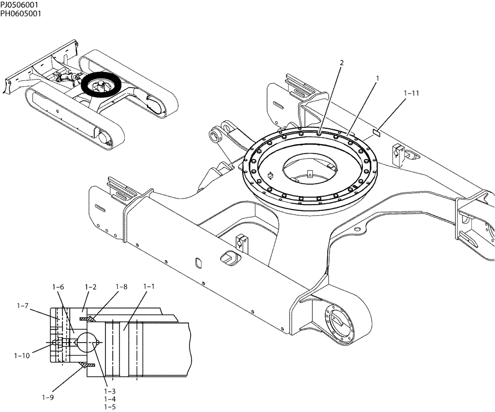 Схема запчастей Case CX50B - (02-003) - RING ASSY, SLEWING (39) - FRAMES AND BALLASTING