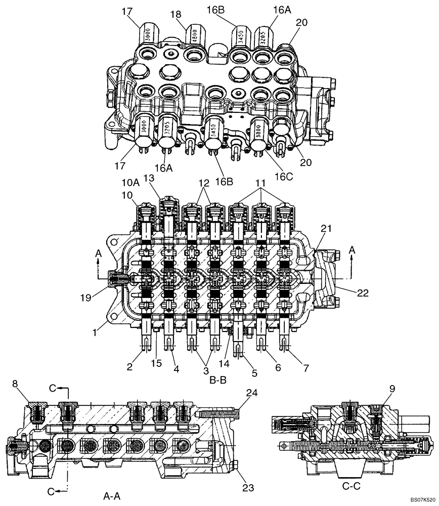 Схема запчастей Case 590SM - (08-38) - VALVE ASSY - BACKHOE CONTROL, 7 SPOOL (W/ EXT DIPPER, W/O AUX HYDS, W/O PILOT CONTROLS) (08) - HYDRAULICS